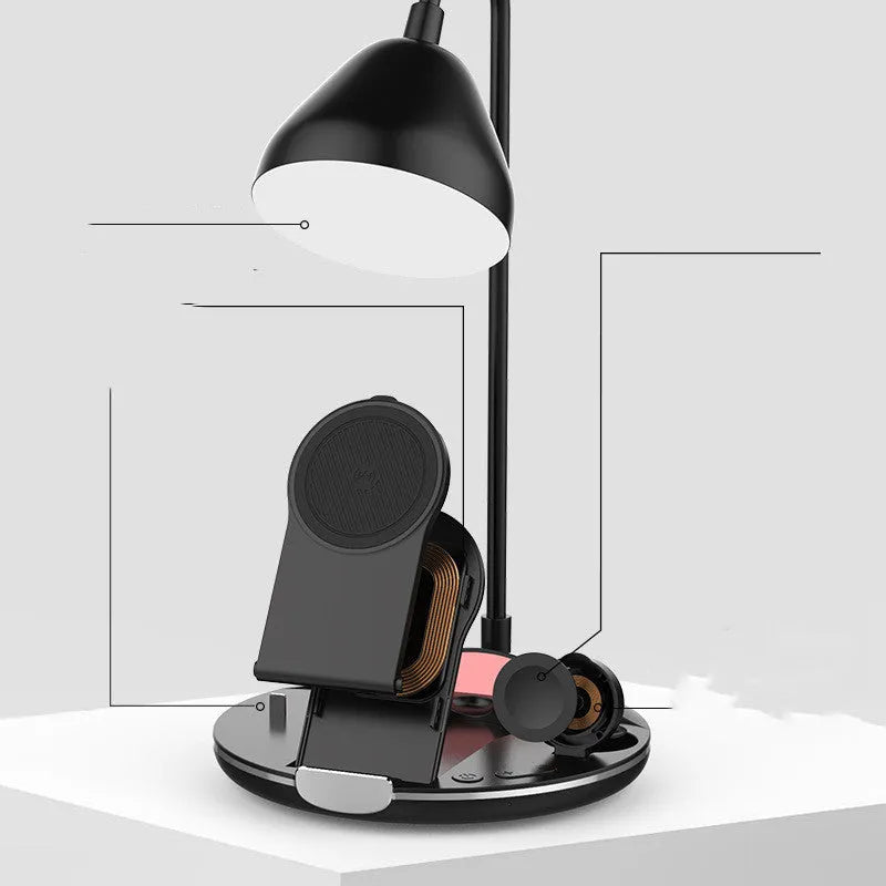 Black and white magnetic folding wireless charger with USB connection measuring 168.3x168x320mm