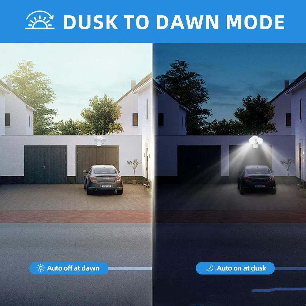White outdoor LED security flood light with motion sensor showing dimensions 200x195x168mm