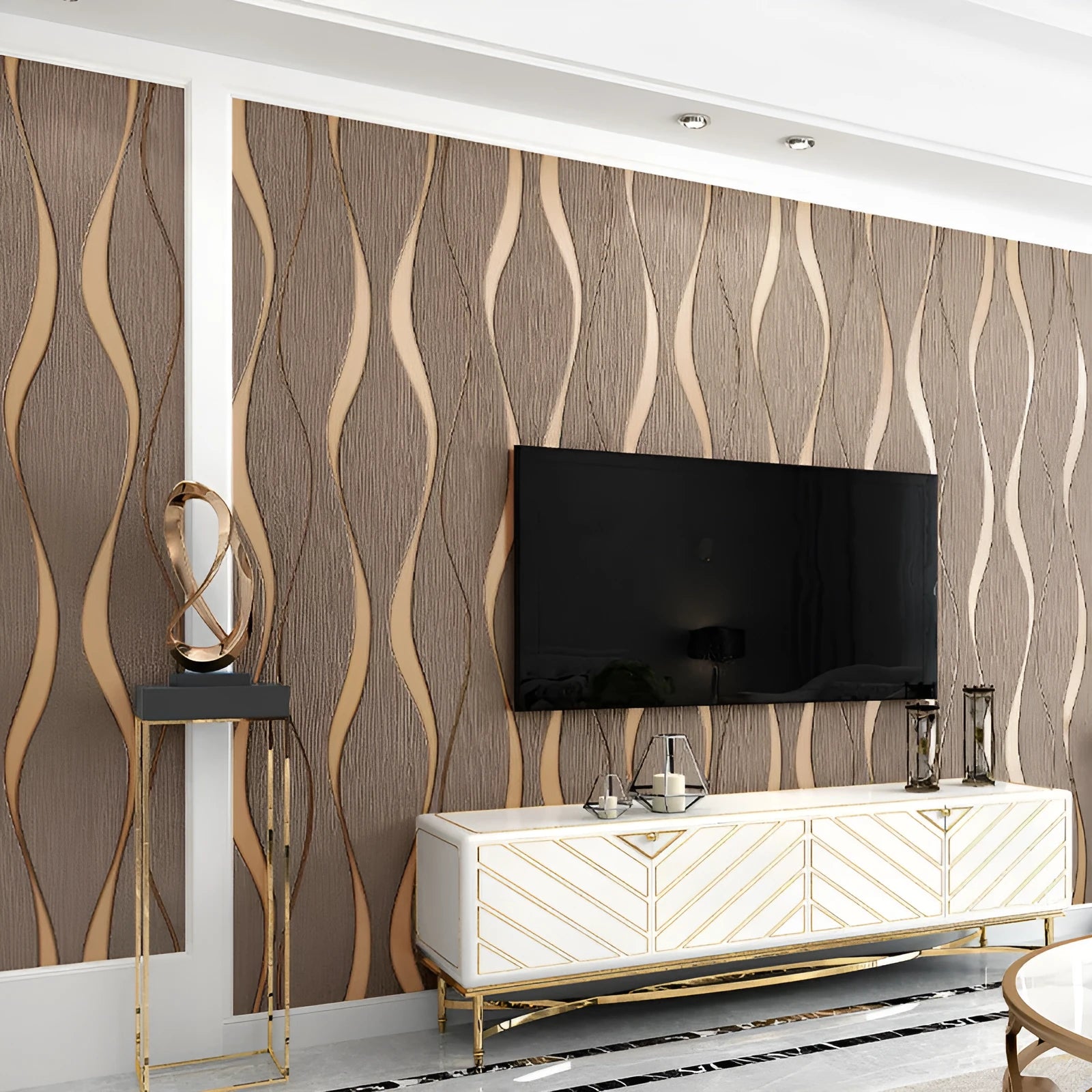 Curve Stripe 3D textured wallpaper roll in dark brown showing raised velvet finish pattern