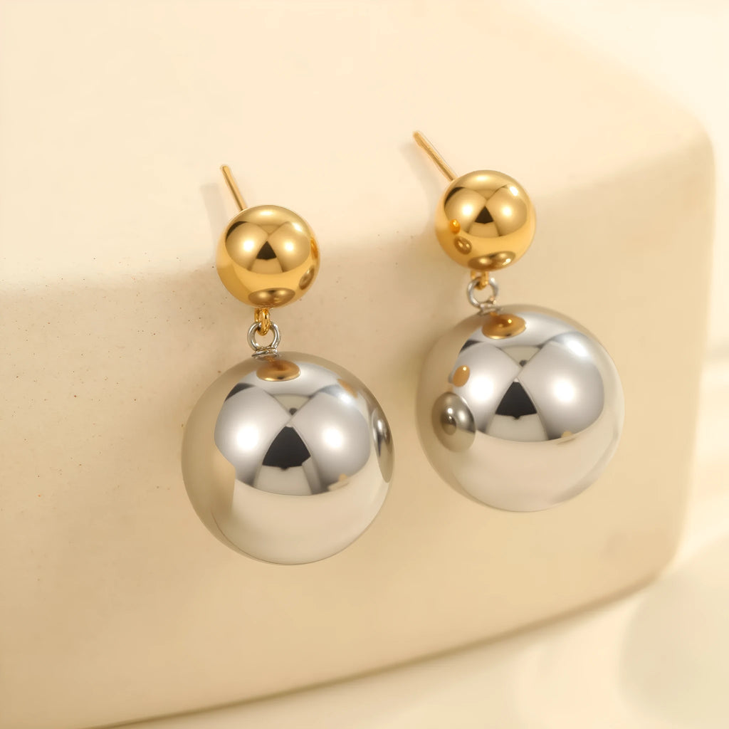 Round beads stainless steel colour-block ear studs with 18K gold electroplating