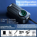 Black wireless portable car air pump with digital display, 6000mAh battery, and accessories including nozzles and power cord on a grey background.