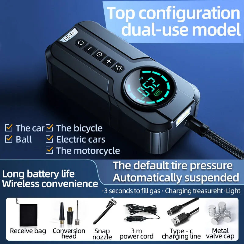 Black wireless portable car air pump with digital display, 6000mAh battery, and accessories including nozzles and power cord on a grey background.