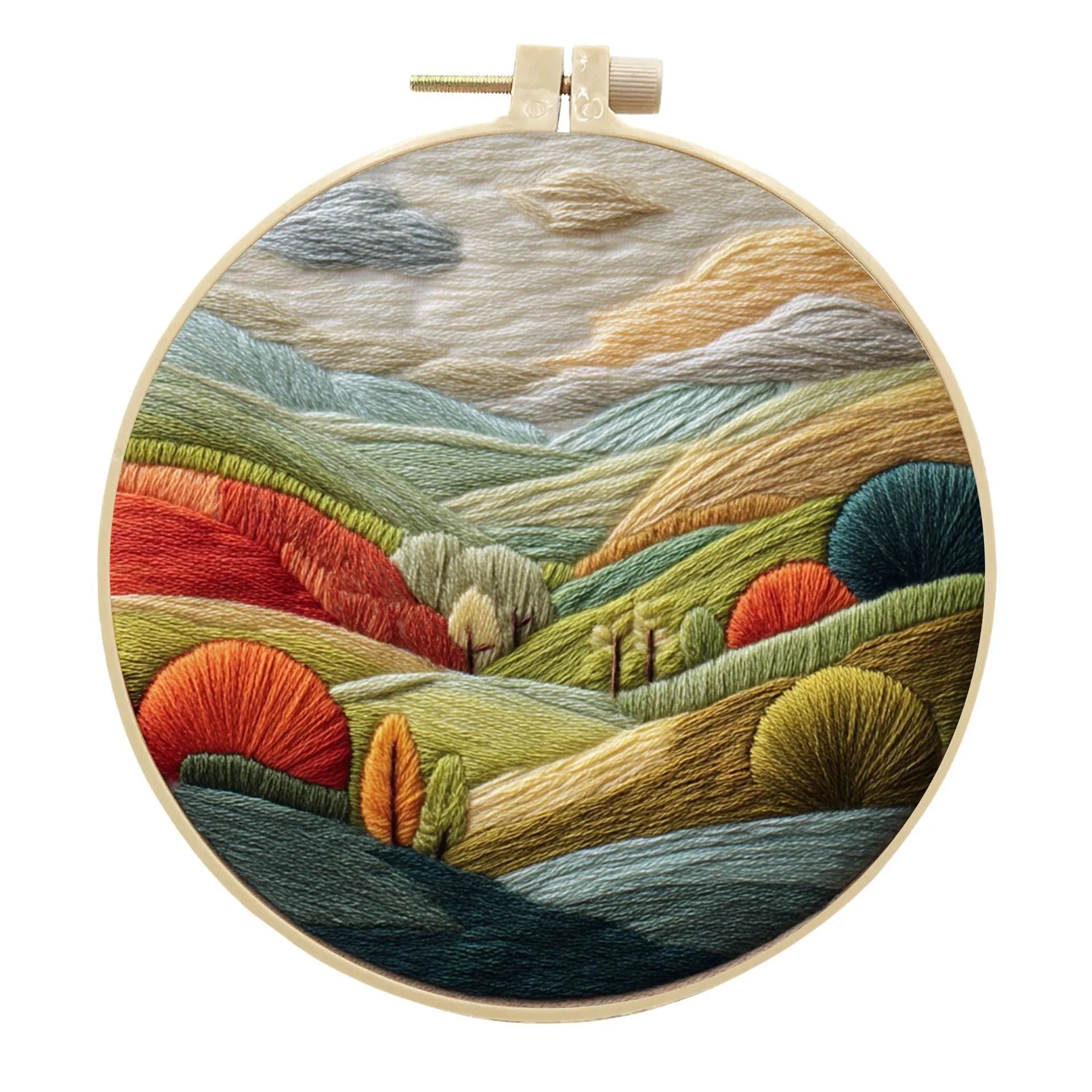 Embroidery kit with cotton fabric, bamboo frame, threads, and printed landscape design for DIY textile art