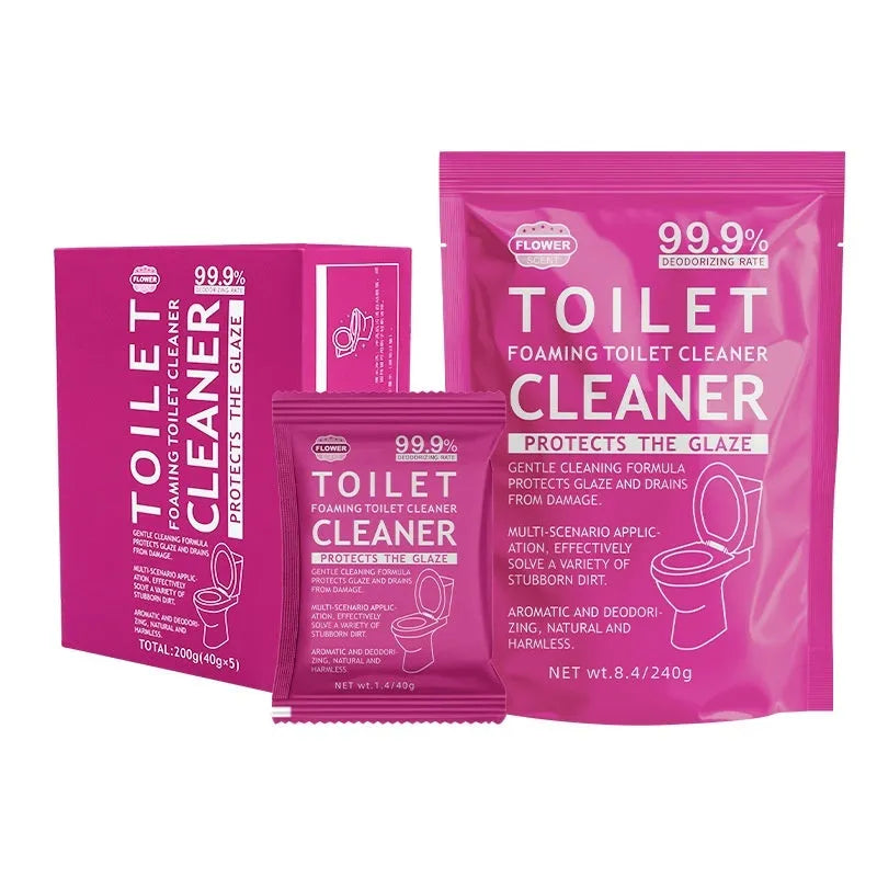 Toilet bubble powder cleaning product in blue ocean or pink floral fragrance, offered in boxed sachets or a large bag.