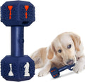 Blue durable rubber dumbbell dog chew toy with textured surface and hollow ends for treats.