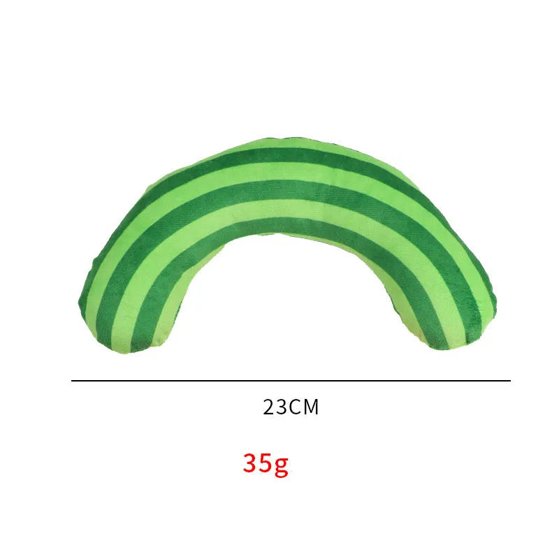 Striped pattern cat toy pillow with built-in noise maker and catnip strip measuring 23x20cm