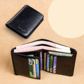 Men's leather wallet showing multiple internal compartments including card slots, coin pocket and photo window