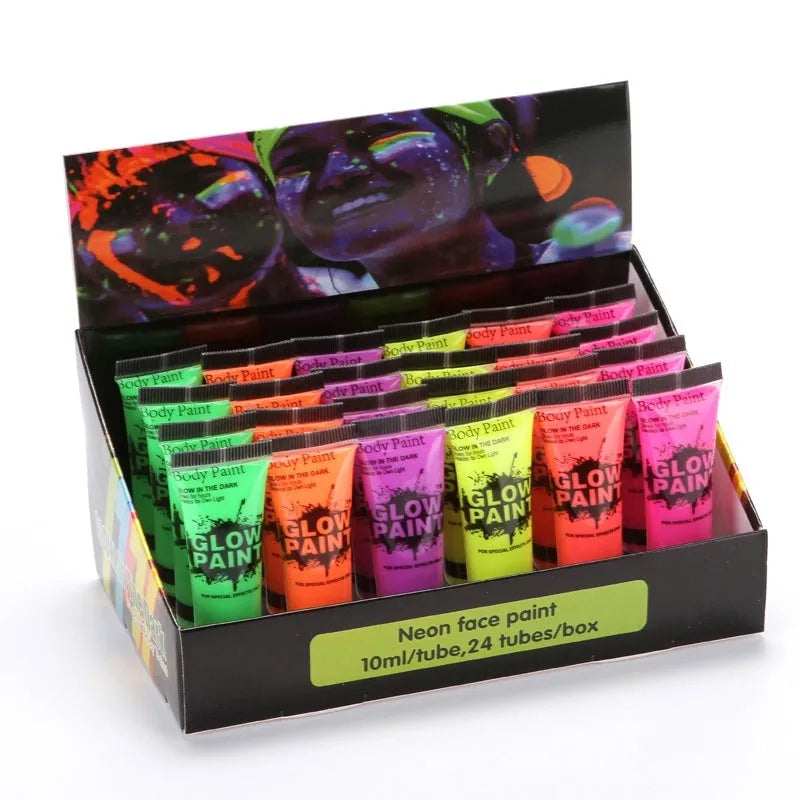 Hose neon gouache face paint tubes in 25ml size showing red, yellow, green, purple, orange, and pink colours