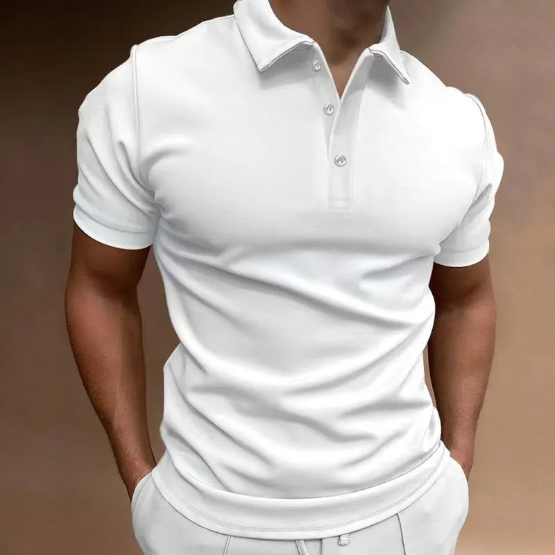 Men's grey loose fit button-down short sleeve t-shirt on a hanger.