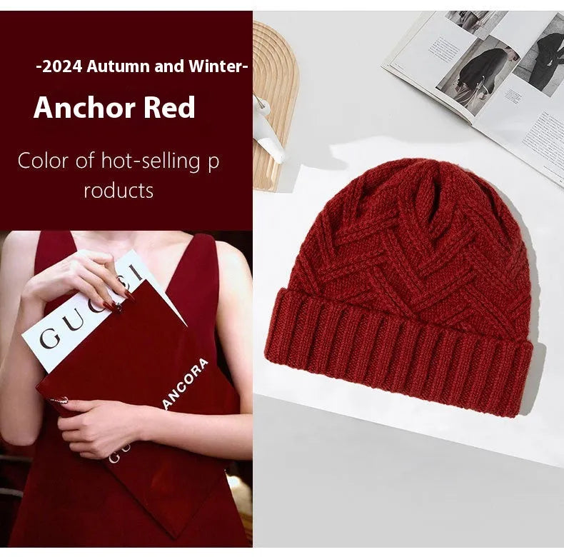 Wool knitted women's winter hat with dome crown in six colour options showing ivory white, khaki, ankela red, golden brown, goddess gray and obsidian black variations