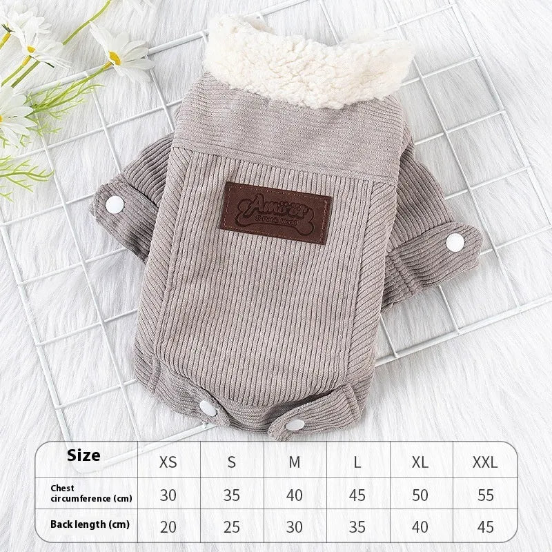 Grey lambswool dog vest with fleece lining for winter warmth on a small dog.