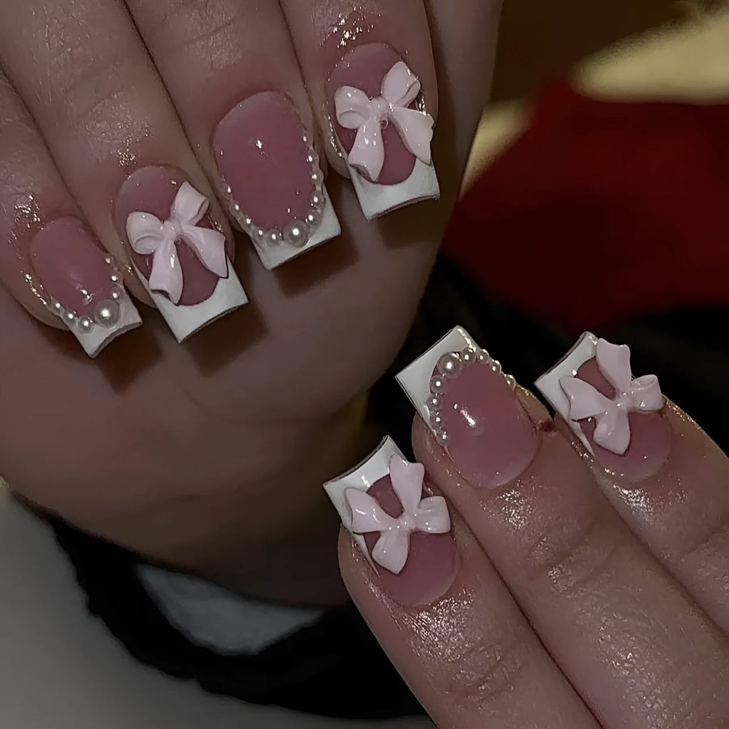 French manicure false nails set with white tips featuring tulip, bow, starry sky and leopard print patterns
