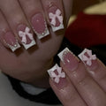 French manicure false nails set with white tips featuring tulip, bow, starry sky and leopard print patterns