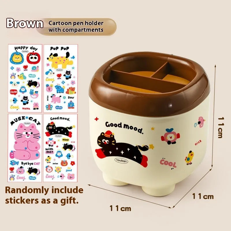 Cartoon design plastic desktop organiser with storage box, pen container, tissue box and coin bank accessories in red and brown colours