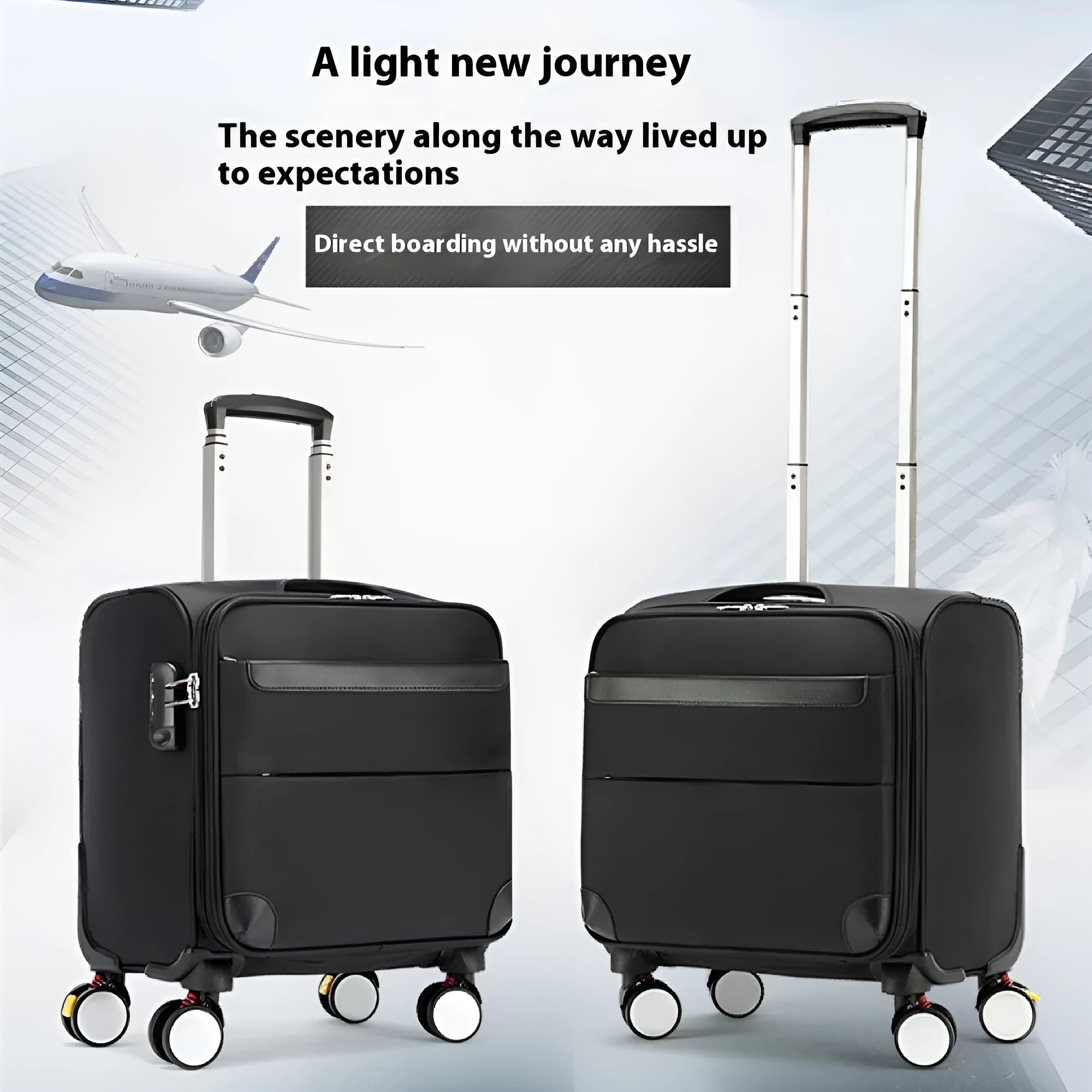 18 inch black Oxford cloth business boarding case with universal wheels and anti-theft features