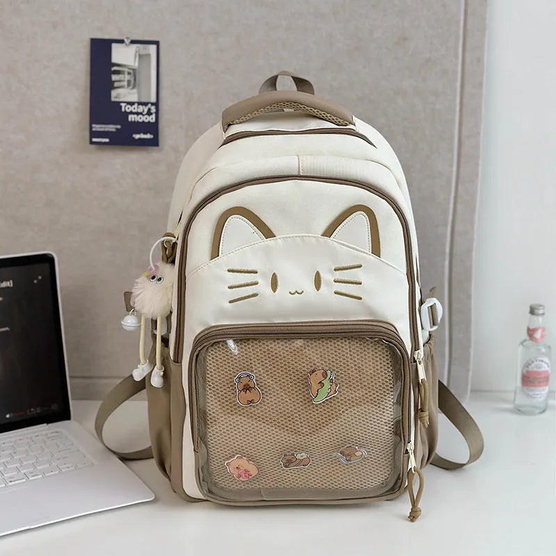Korean cartoon animation style backpack in two sizes with curved shoulder straps.