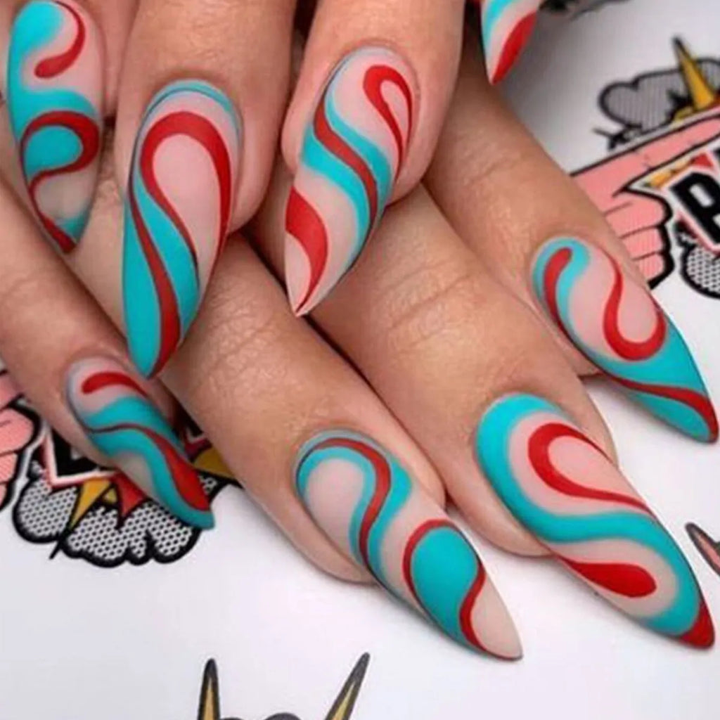 Almond-shaped false nail stickers with colourful rainbow plaid lines in four colour designs