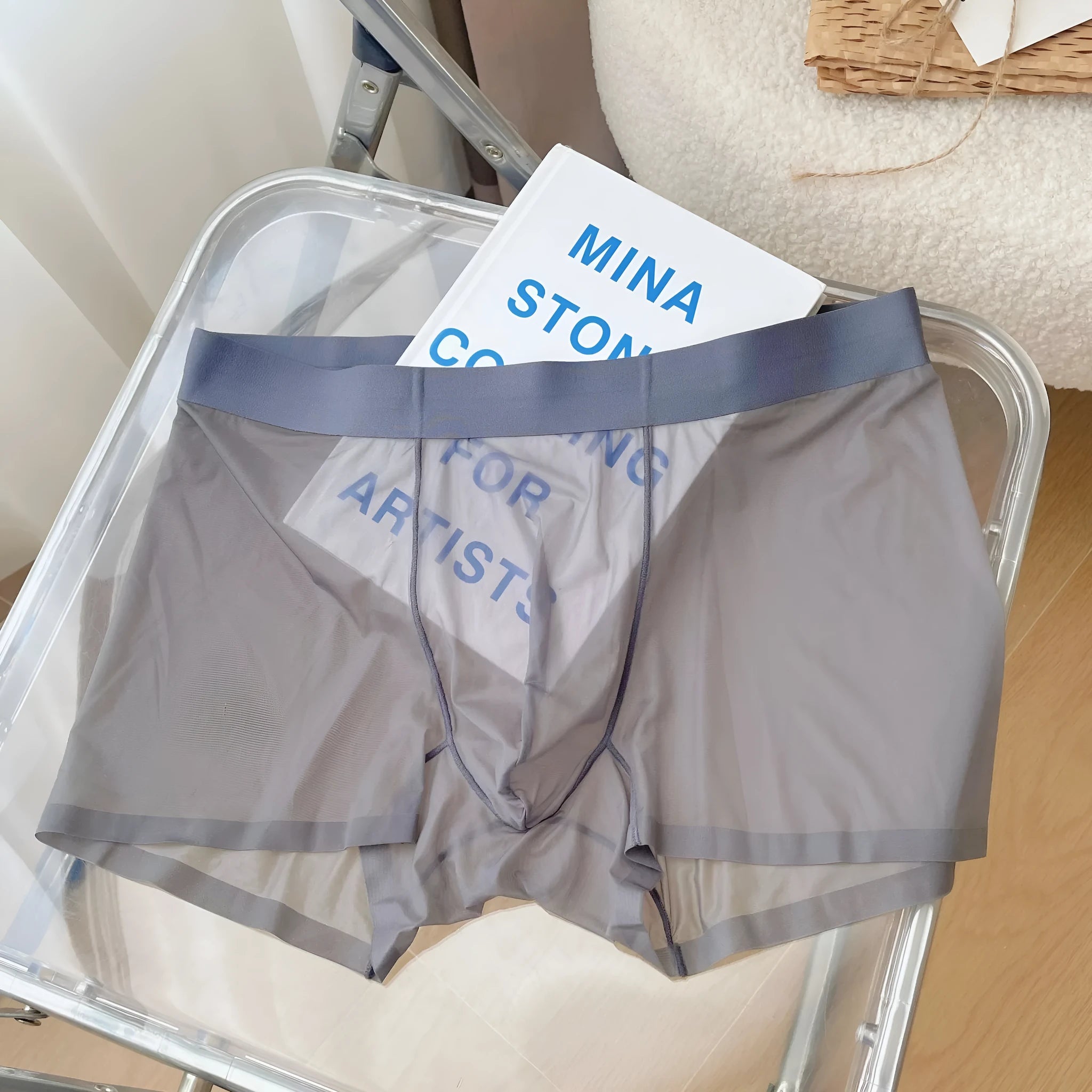 Men's seamless quick-drying nylon boxer shorts in light brown colour showing mid waist and body shaping fit.