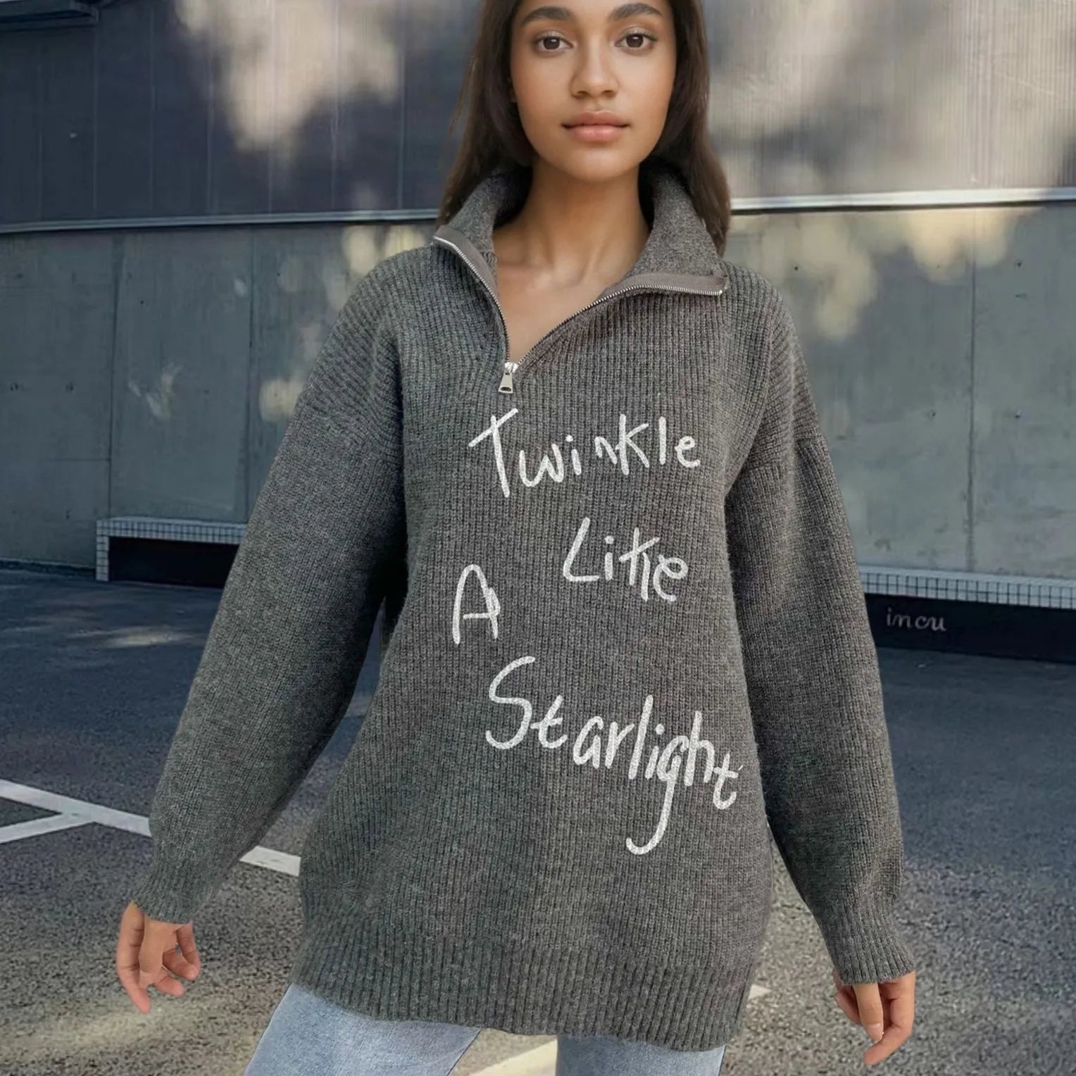 Women's retro loose lapels pullover sweater with oblique zipper detail in alpaca wool fabric