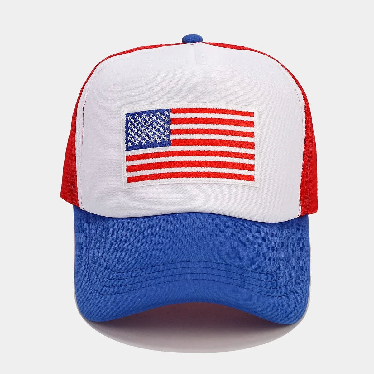 Red and blue contrast mesh baseball cap with an adjustable strap and dome crown.