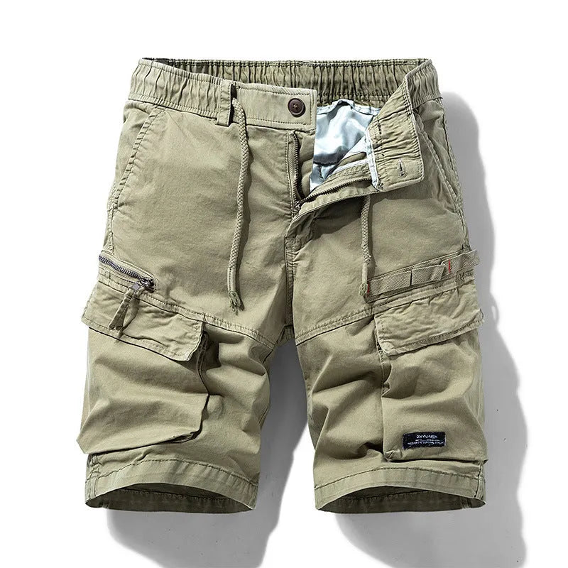 Men's cotton summer shorts with zipper closure and multiple pockets in army green colour
