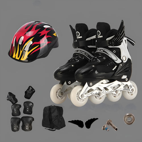 Children's adjustable roller skates in five colours with protective gear set including helmet and backpack