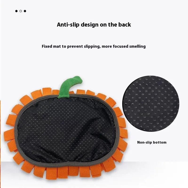 Orange polar fleece pumpkin-shaped pet smell mat for dog slow feeding and enrichment.