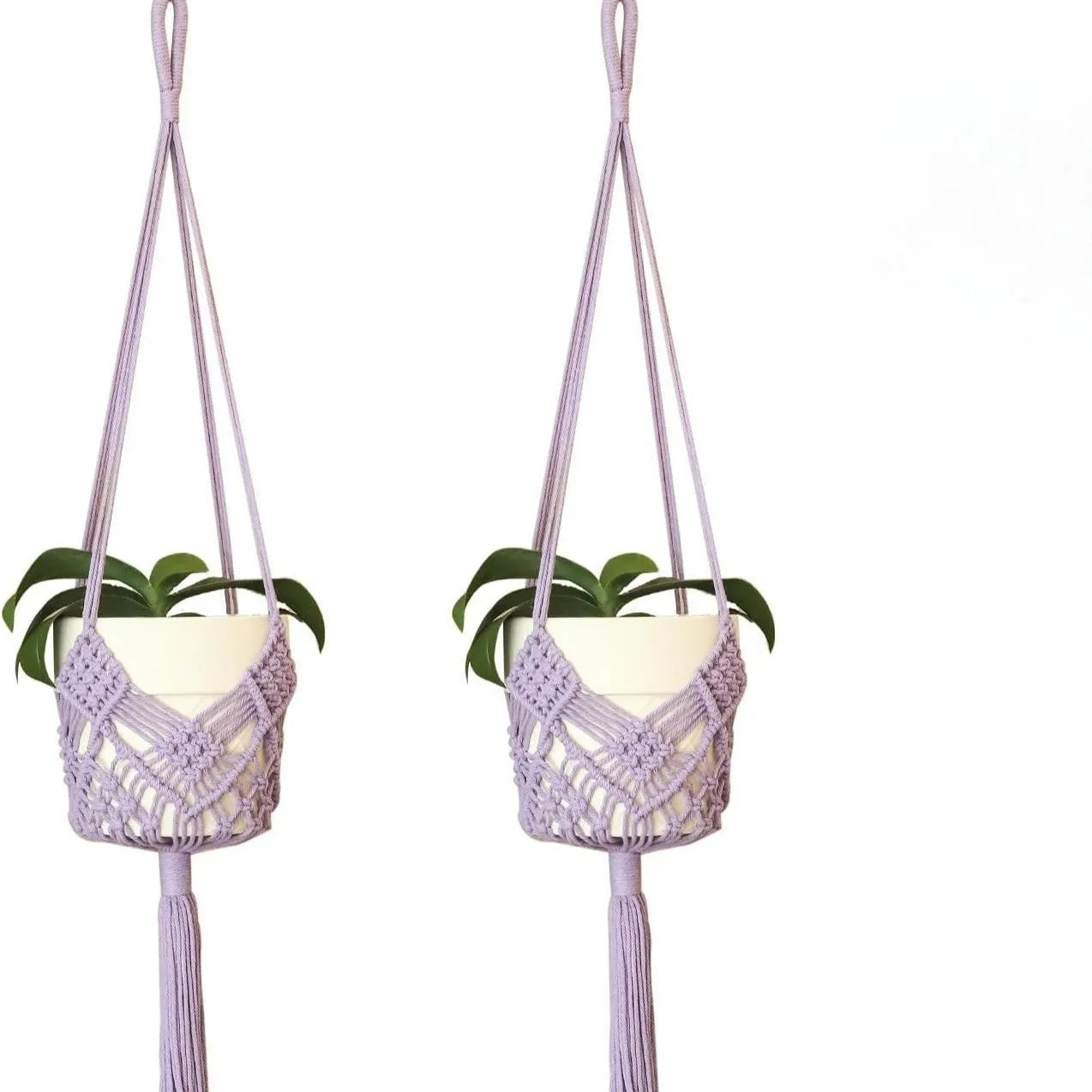 Hand-woven polyester cotton flower pot net pocket in brown, hanging with a green plant.