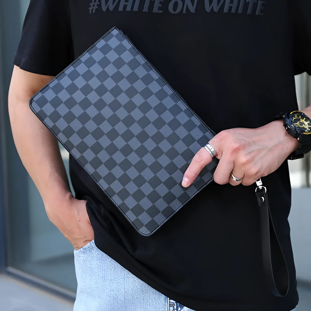 Men's soft PU leather clutch wallet with card slots in plaid or sheepskin design