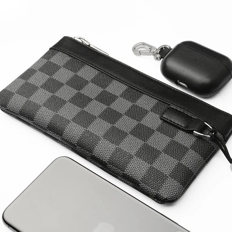 Black men's leather clutch wallet with plaid pattern showing 20cm by 10cm dimensions