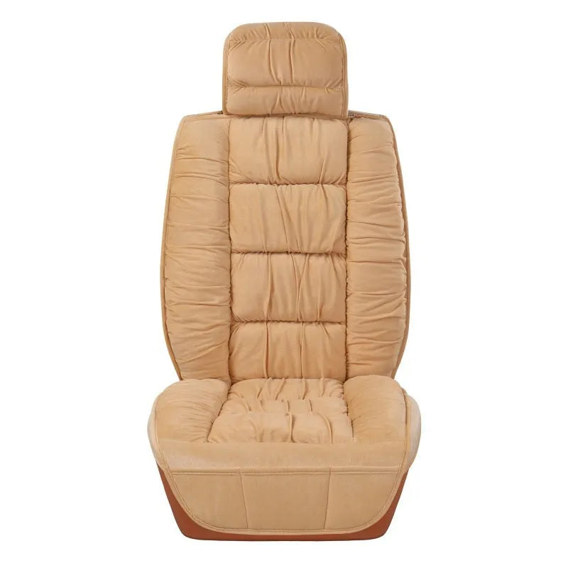 Winter plush car seat cushion showing all-inclusive design on car seat