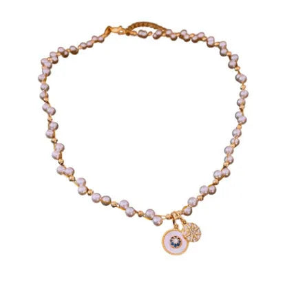 Real gold electroplated zircon pearl round pendant necklace with adjustable 41-50cm clavicle chain