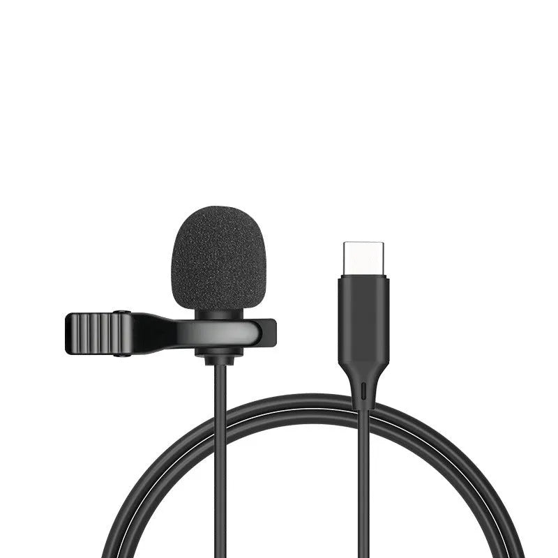 Black wired lavalier clip microphone with 3.5mm plug and 1.5m cable for iPhone recording.