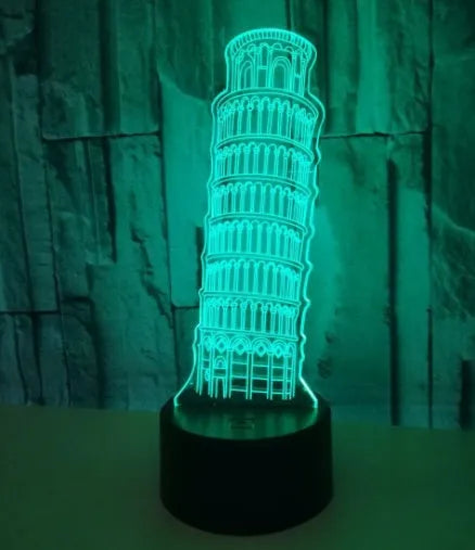 3D Leaning Tower of Pisa nightlight showing colour-changing acrylic design on black ABS base
