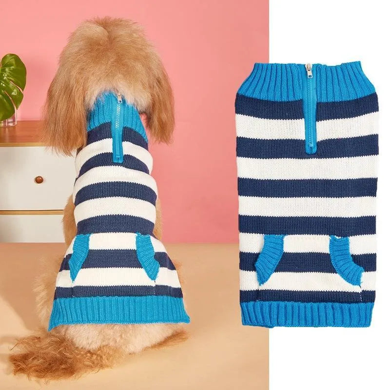 Grey blue green dog sweater with horizontal zipper and chest button pocket for small medium breeds