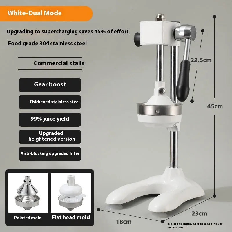 Stainless steel manual vertical juicer on a countertop, showing options for black, silver, orange, white, and electroplated finishes with pointed, flat, and double head tips.