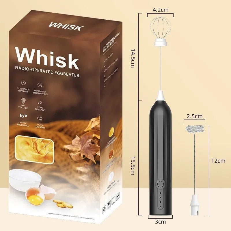 Mini handheld USB rechargeable milk frother in black, white, and khaki colour options