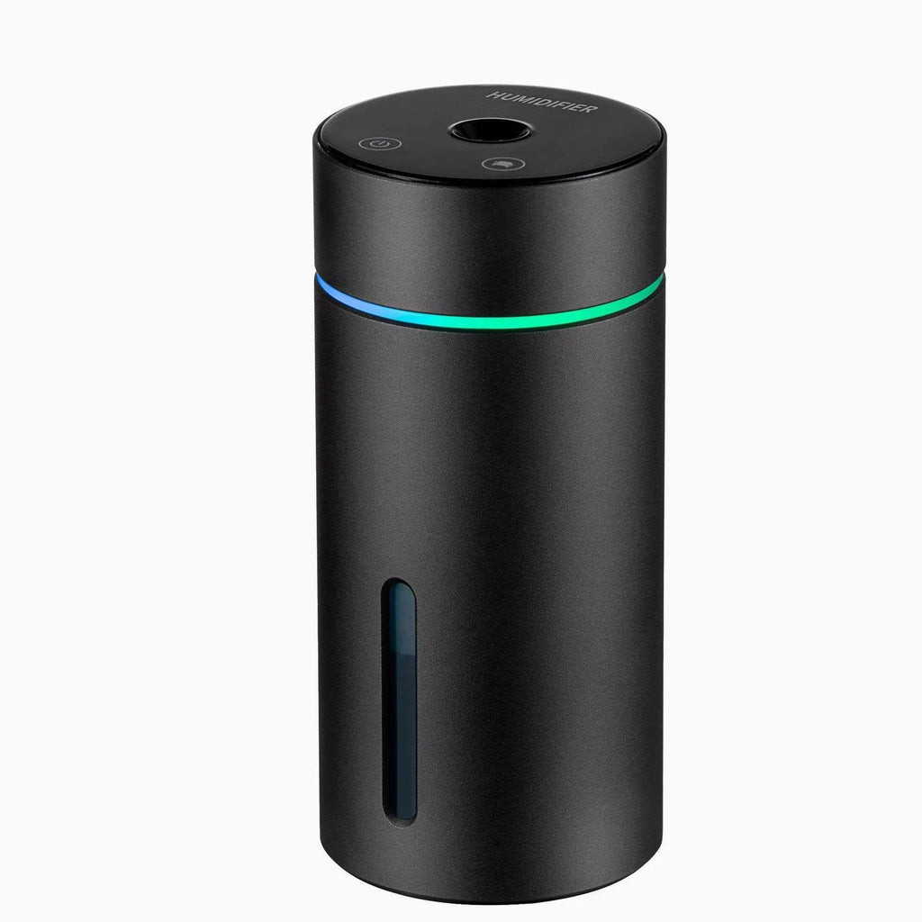 Black portable car humidifier and essential oil diffuser with aluminium construction and USB cable