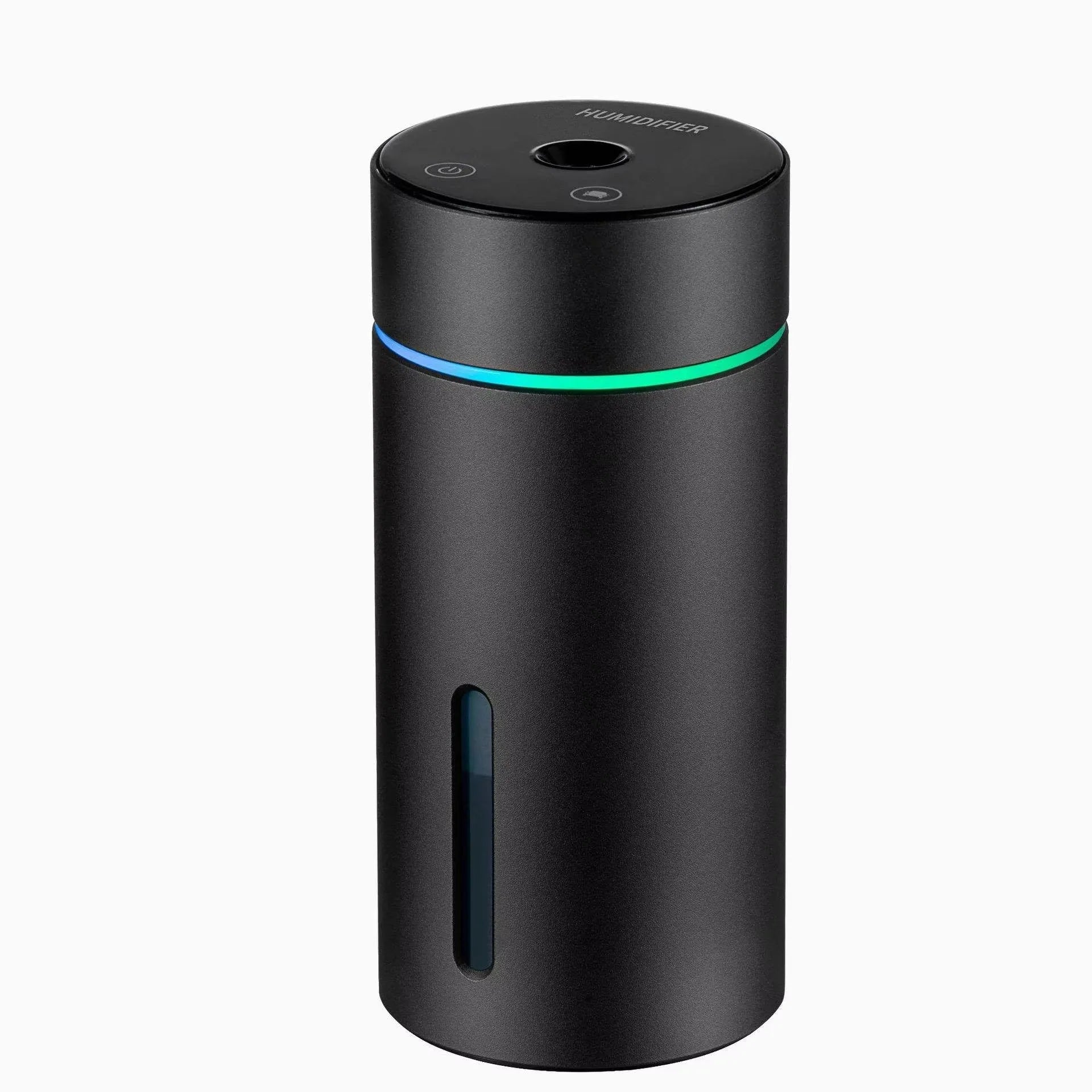 Black portable car humidifier and essential oil diffuser with aluminium construction and USB cable
