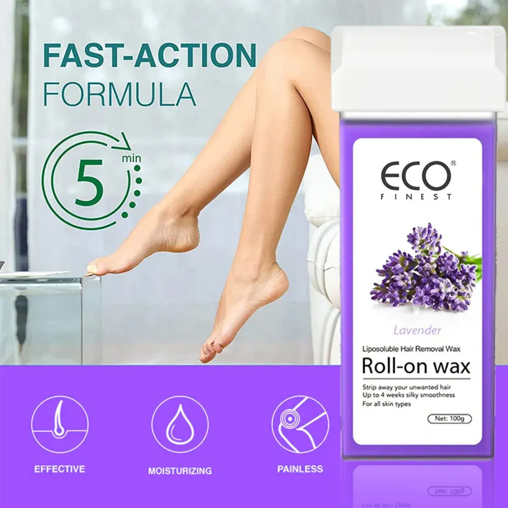 Pot of lavender-scented hair removal wax for body hair removal on legs, arms, underarms, and bikini line