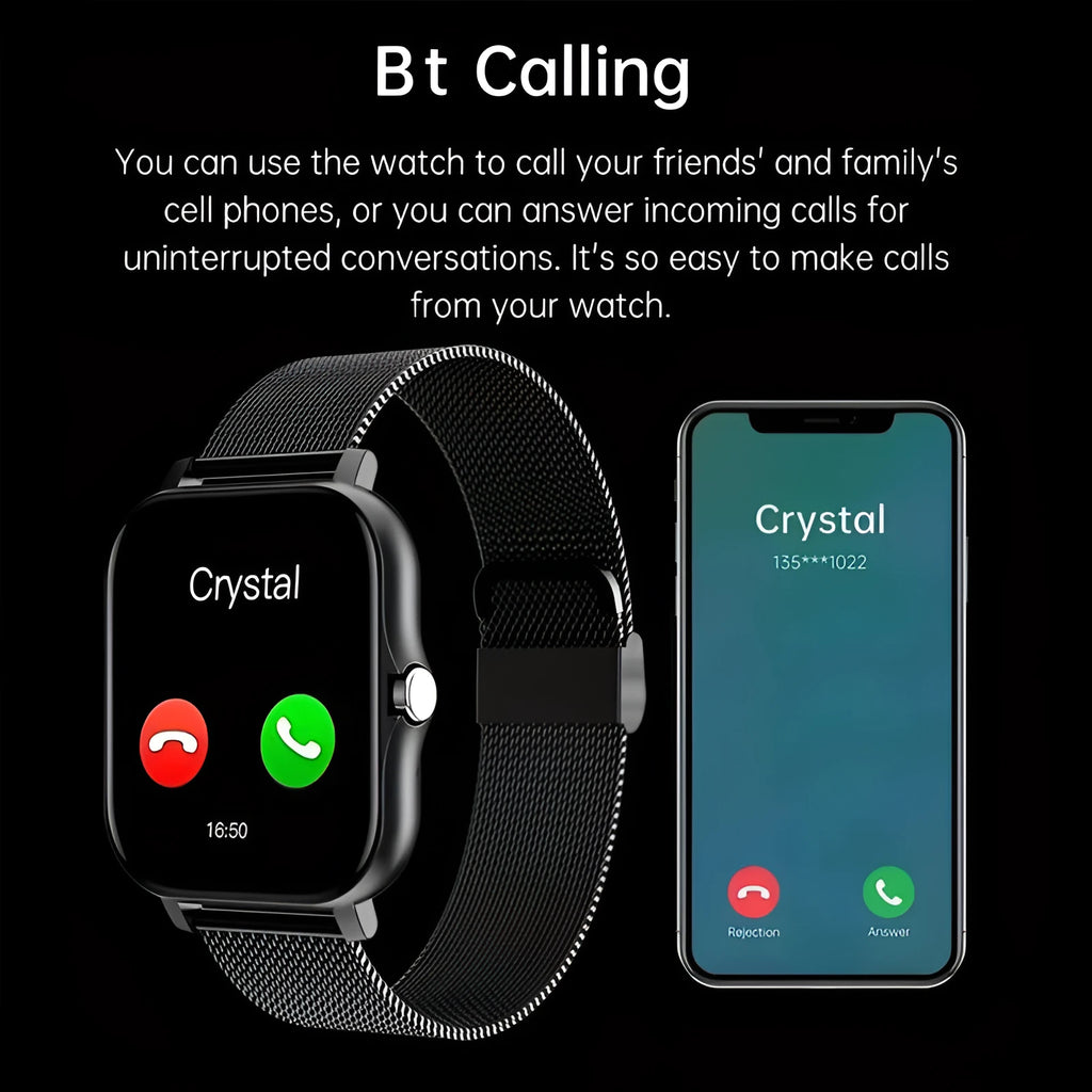 Smart watch with 1.44-inch touch screen showing interface, on a silicone wrist strap.
