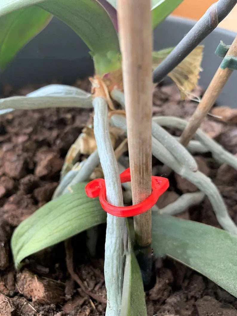 Small red cat-shaped plastic clip for plant support on a green leaf.