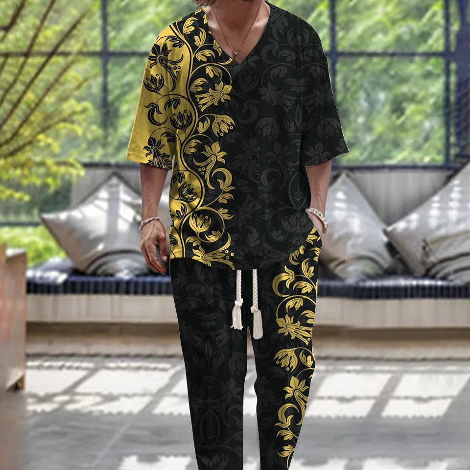 Cropped sleeve V-neck trousers suit set in thin polyester fabric on a hanger.