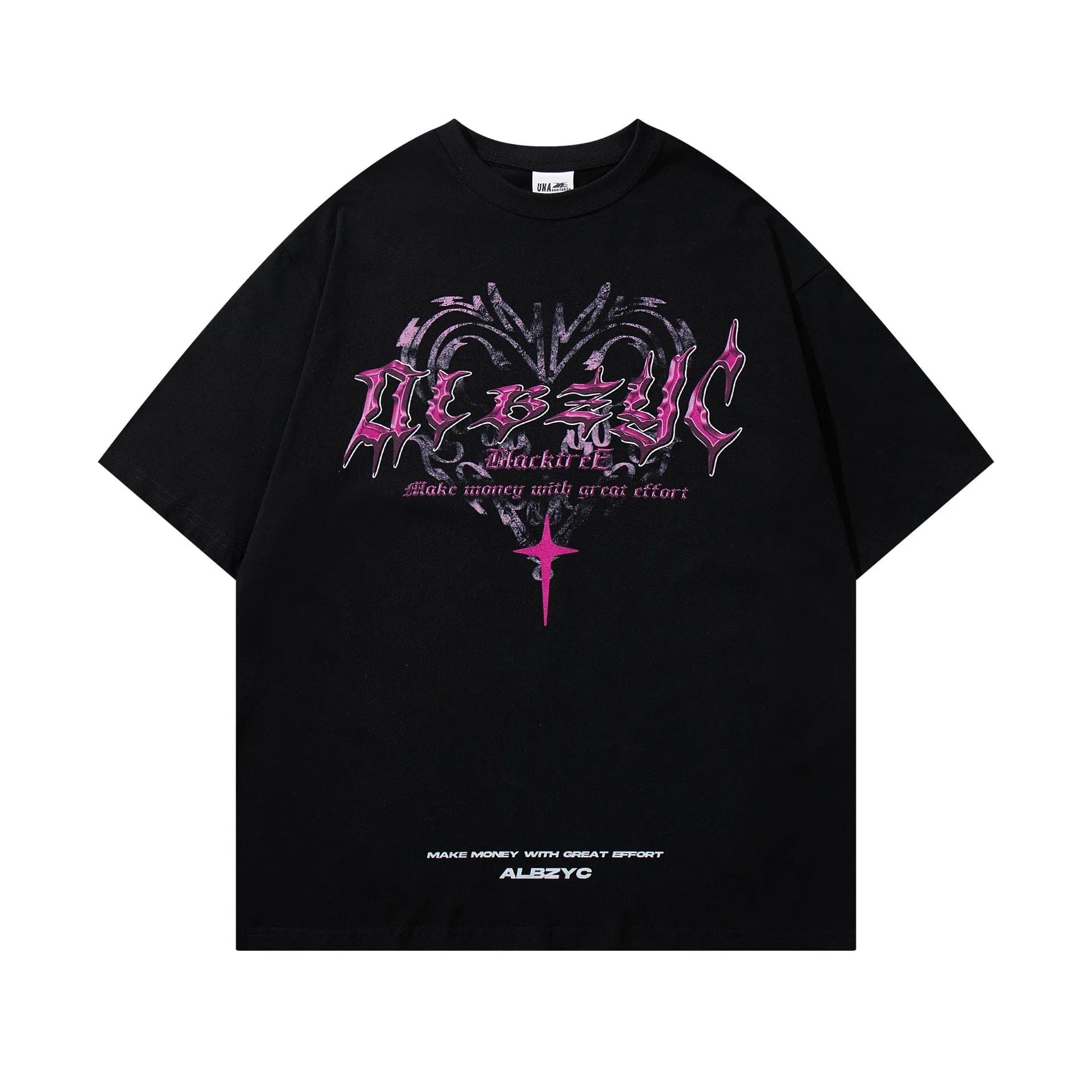 Man wearing a black retro print cotton t-shirt with loose fit and short sleeves