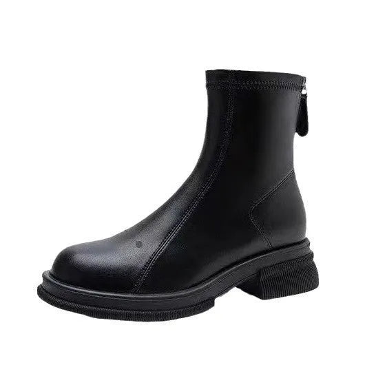 Women's flat heel ankle boots with back zipper in artificial PU, rounded toe design