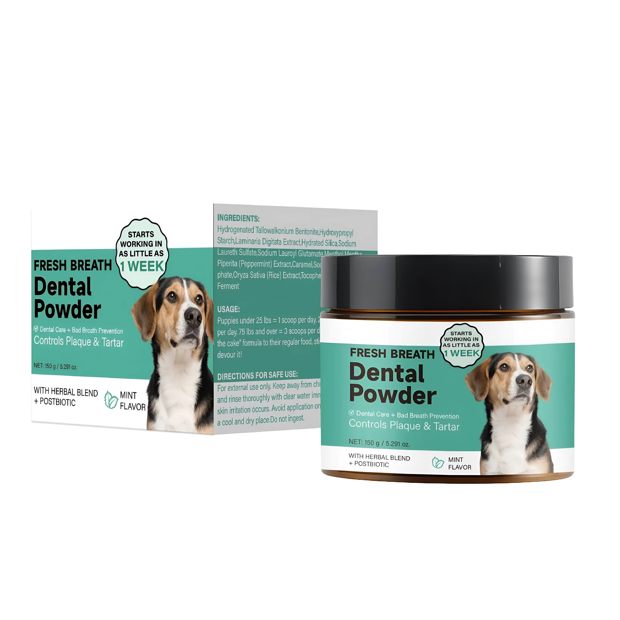 150g jar of dog breath tooth cleaning powder with measuring spoon