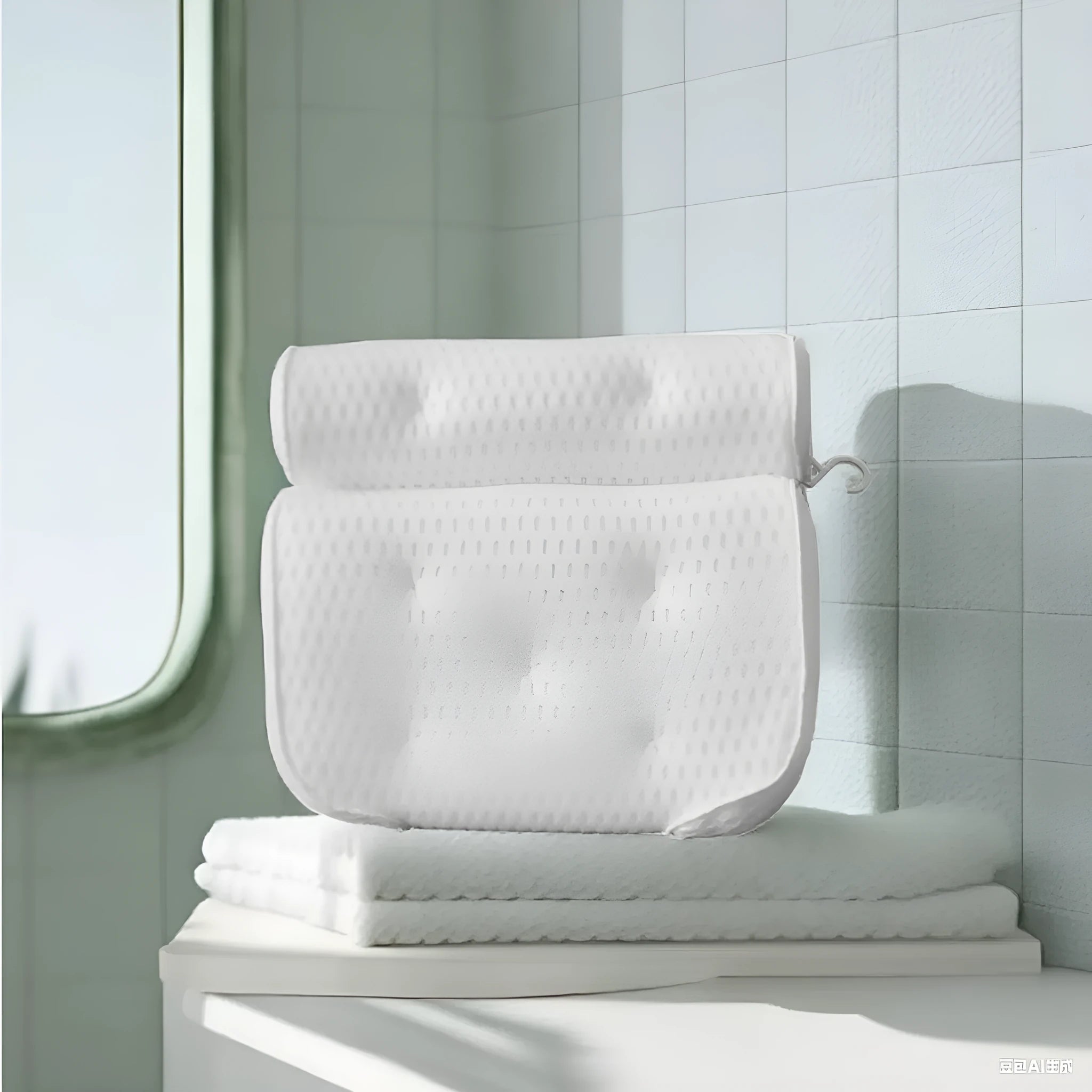 White 3D mesh bathtub pillow with seven suction cups on a bathtub.