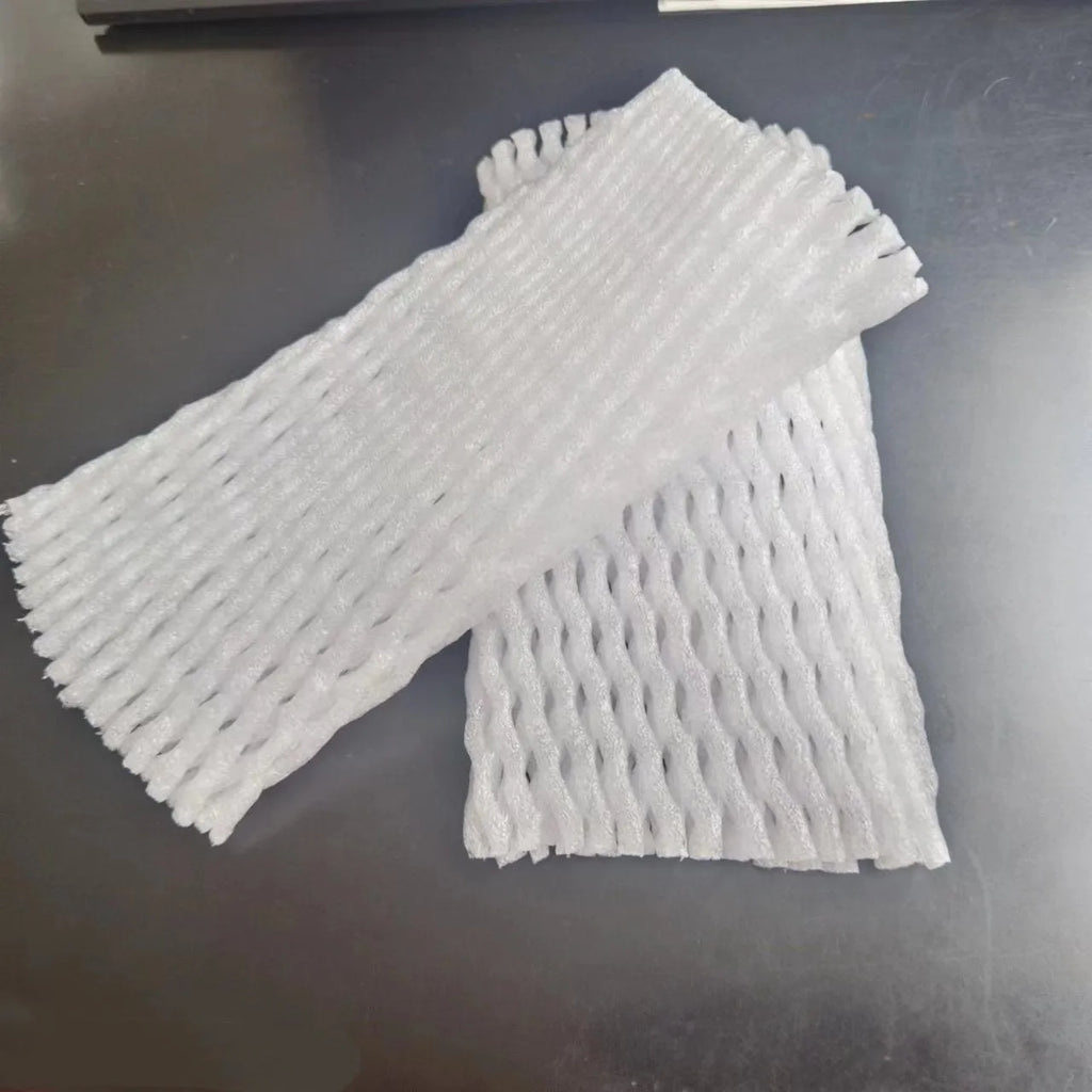 White foam net protective cover shown in various sizes for cushioning fruit and fragile items.