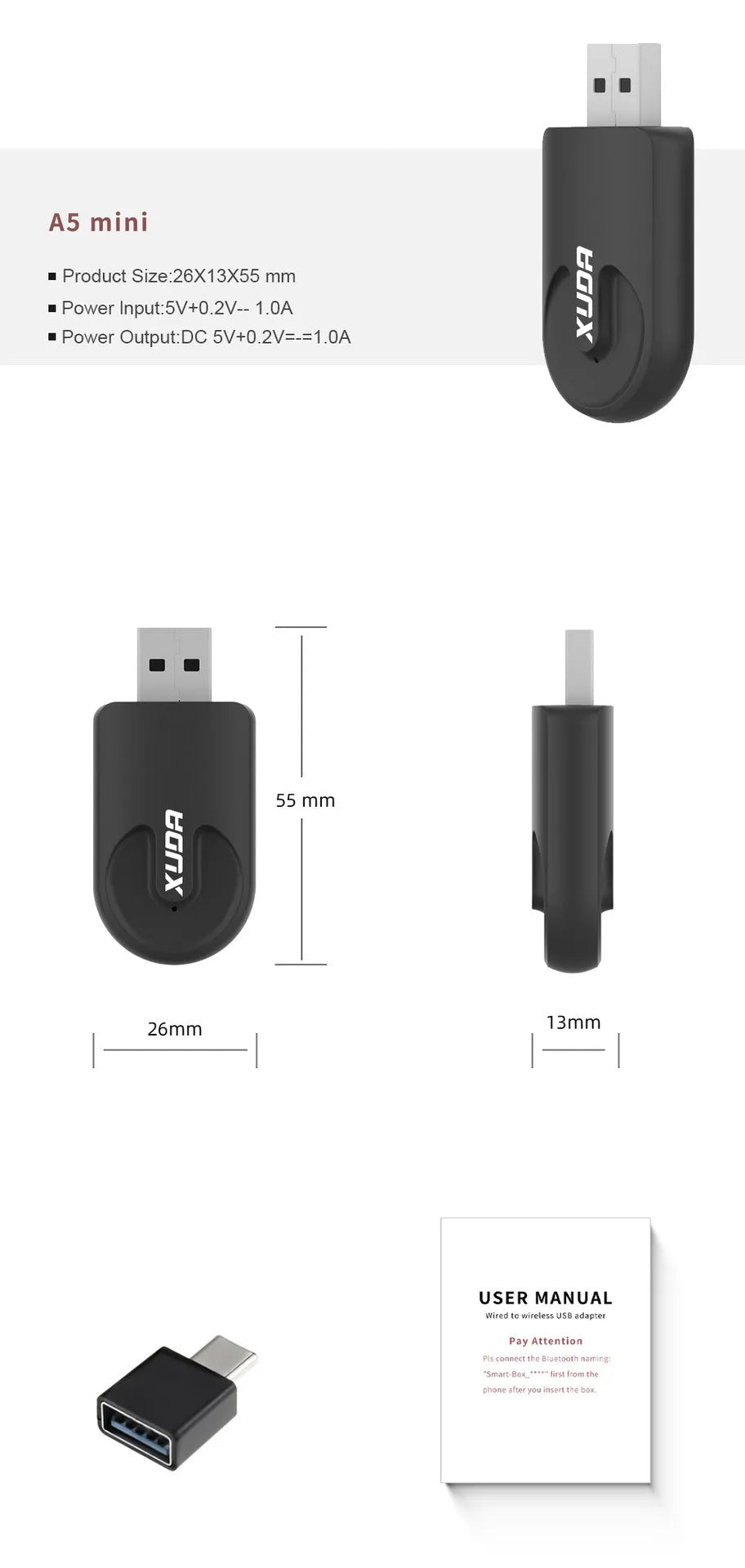 Black Mini CarPlay USB interface adapter measuring 26 x 55 x 13 mm