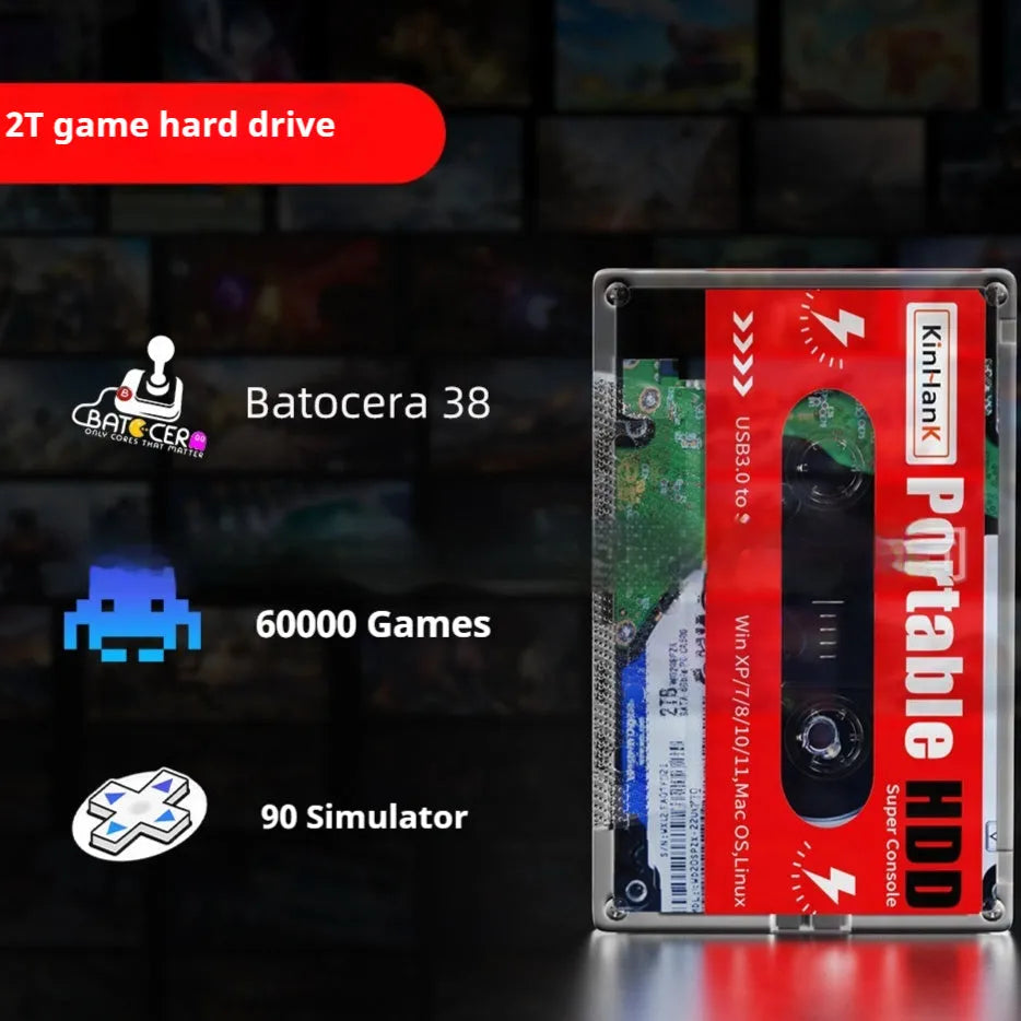 External 2TB mechanical hard drive for mobile gaming with USB cable and compact PC enclosure